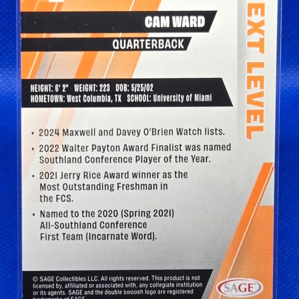 Sage Quarterback Trading Card - CAM WARD - Picture 2 of 2